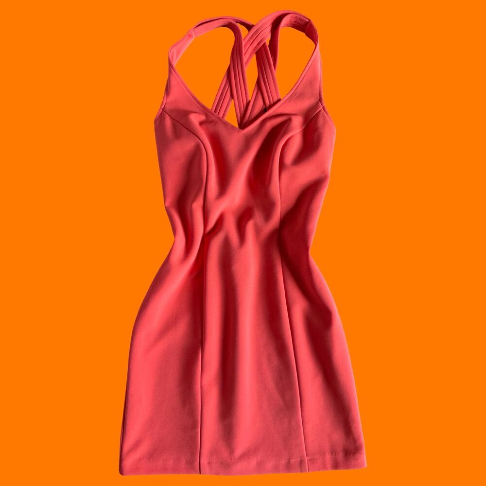 90's vintage coral criss cross bodycon mini dress XS hugo buscati